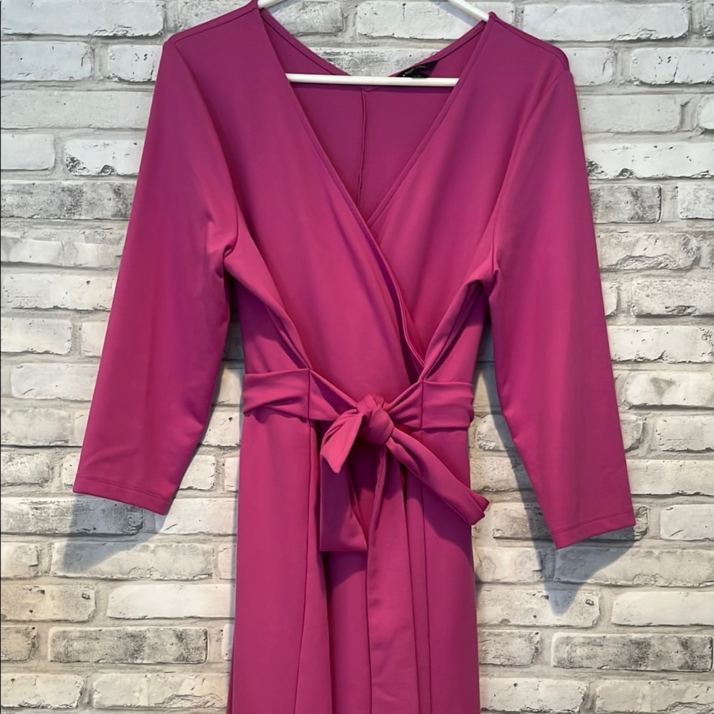 Lands End Pink Fuschia Wrap Dress with attached tie Belt size 14-16 stretchy